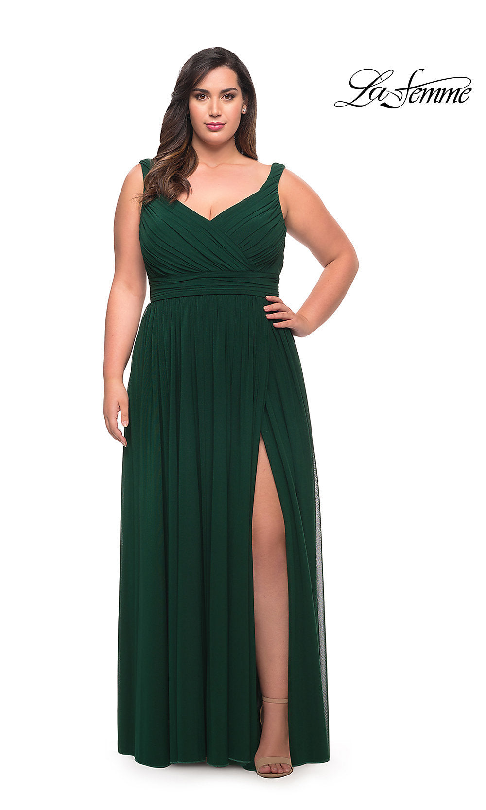 La Femme-Ruched Empire-Waist Long La Femme Plus Prom Dress
